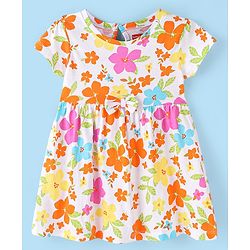 Babyhug 100% Cotton Jersey Knit Half Sleeves Frock With Bloomer Floral Print - Pink
