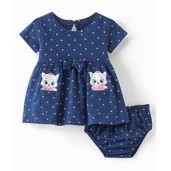 Babyhug Cotton Jersey Knit Half Sleeves Frock With Bloomer Kitty & Heart Print - Navy Blue
