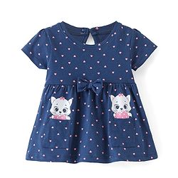 Babyhug Cotton Jersey Knit Half Sleeves Frock With Bloomer Kitty & Heart Print - Navy Blue