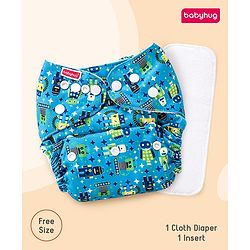 Babyhug Free Size Reusable Cloth Diaper with Smart Dry Insert Combo Robot Print- Teal Blue