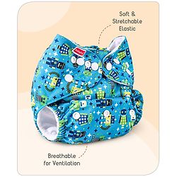 Babyhug Free Size Reusable Cloth Diaper with Smart Dry Insert Combo Robot Print- Teal Blue