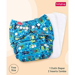 Babyhug Free Size Reusable Cloth Diaper with 2 Smart Dry Inserts Combo Robot Print- Teal Blue
