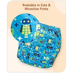 Babyhug Free Size Reusable Cloth Diaper with 2 Smart Dry Inserts Combo Robot Print- Teal Blue
