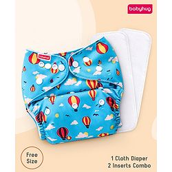 Babyhug Free Size Reusable Cloth Diaper with 2 Smart Dry Inserts Combo Robot Print- Teal Blue