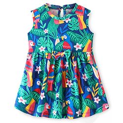 Babyhug Cotton Jersey Knit Sleeveless Frock Parrot Print - Blue