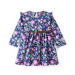 Babyhug Cotton Jersey Knit Full Sleeves Frock with Belt Floral Print - Blue