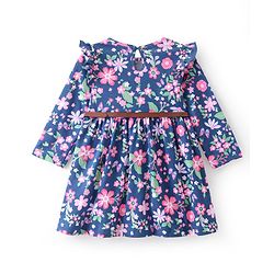 Babyhug Cotton Jersey Knit Full Sleeves Frock with Belt Floral Print - Blue