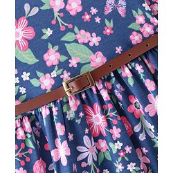 Babyhug Cotton Jersey Knit Full Sleeves Frock with Belt Floral Print - Blue