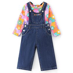 Babyhug 100% Cotton Knit Dungaree & Half Sleeves T-Shirt Set With Floral Print - Blue & Yellow Orange