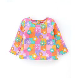 Babyhug 100% Cotton Knit Dungaree & Half Sleeves T-Shirt Set With Floral Print - Blue & Yellow Orange