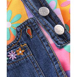 Babyhug 100% Cotton Knit Dungaree & Half Sleeves T-Shirt Set With Floral Print - Blue & Yellow Orange