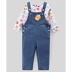 Babyhug 100% Cotton Woven Dungarees With Full Sleeves T-Shirt With Sun Print & Applique -