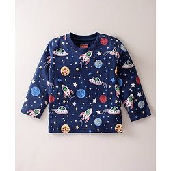 Babyhug Single Jersey Knit  Full Sleeves Night Suit Space Theme Print - Navy Blue