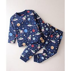 Babyhug Single Jersey Knit  Full Sleeves Night Suit Space Theme Print - Navy Blue