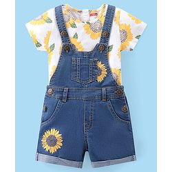 Babyhug Single Jersey Woven Half Sleeves T-Shirt with Floral Print  & Denim Dungaree - White & Blue