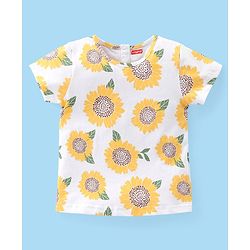 Babyhug Single Jersey Woven Half Sleeves T-Shirt with Floral Print  & Denim Dungaree - White & Blue