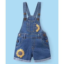 Babyhug Single Jersey Woven Half Sleeves T-Shirt with Floral Print  & Denim Dungaree - White & Blue