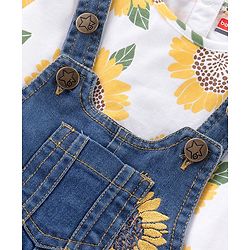 Babyhug Single Jersey Woven Half Sleeves T-Shirt with Floral Print  & Denim Dungaree - White & Blue