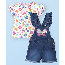 Babyhug Single Jersey Woven Half Sleeves T-Shirt  & Denim Butterfly Print & Embroidery - White & Blue