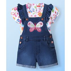 Babyhug Single Jersey Woven Half Sleeves T-Shirt  & Denim Butterfly Print & Embroidery - White & Blue