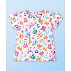 Babyhug Single Jersey Woven Half Sleeves T-Shirt  & Denim Butterfly Print & Embroidery - White & Blue