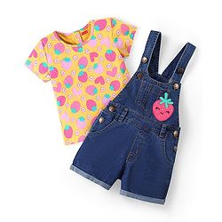 Babyhug Cotton Woven Dungaree with Half Sleeves Inner Tee Fruity Print - Multicolour