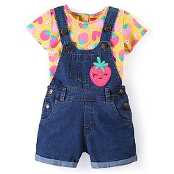 Babyhug Cotton Woven Dungaree with Half Sleeves Inner Tee Fruity Print - Multicolour