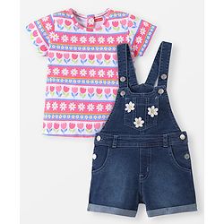 Babyhug Single Jersey Woven Half Sleeves T-Shirt & Denim Floral Print & Embroidery - Multicolor