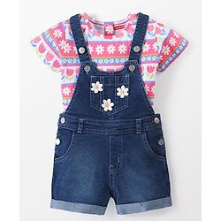 Babyhug Single Jersey Woven Half Sleeves T-Shirt & Denim Floral Print & Embroidery - Multicolor