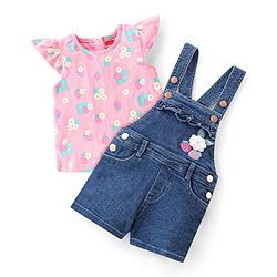 Babyhug Single Jersey Woven Half Sleeves Dungarees & Sets With Back Snap Buttons Strawberry Print - Pink & Blue