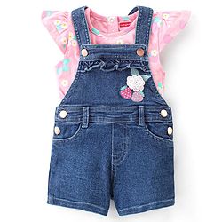 Babyhug Single Jersey Woven Half Sleeves Dungarees & Sets With Back Snap Buttons Strawberry Print - Pink & Blue