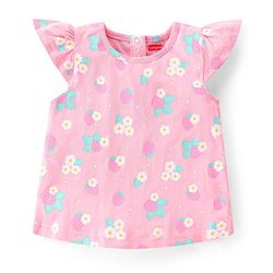 Babyhug Single Jersey Woven Half Sleeves Dungarees & Sets With Back Snap Buttons Strawberry Print - Pink & Blue