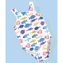 Babyhug V Cut Sleeveless Swimsuit Fish Print -White