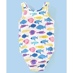 Babyhug V Cut Sleeveless Swimsuit Fish Print -White