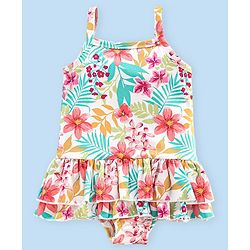 Babyhug V Cut Sleeveless Frock Style Swimsuit Floral Print - Multicolour