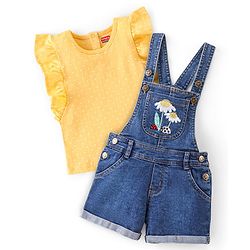 Babyhug 100% Cotton Woven Single Jersey Dungaree & Half Sleeves T-Shirt Set Floral Embroidery - Yellow & Blue