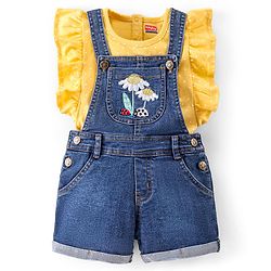 Babyhug 100% Cotton Woven Single Jersey Dungaree & Half Sleeves T-Shirt Set Floral Embroidery - Yellow & Blue