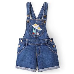 Babyhug 100% Cotton Woven Single Jersey Dungaree & Half Sleeves T-Shirt Set Floral Embroidery - Yellow & Blue