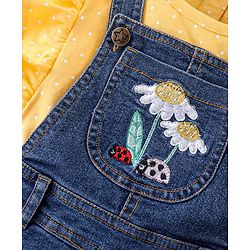 Babyhug 100% Cotton Woven Single Jersey Dungaree & Half Sleeves T-Shirt Set Floral Embroidery - Yellow & Blue