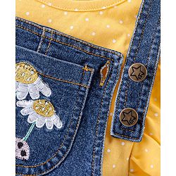 Babyhug 100% Cotton Woven Single Jersey Dungaree & Half Sleeves T-Shirt Set Floral Embroidery - Yellow & Blue