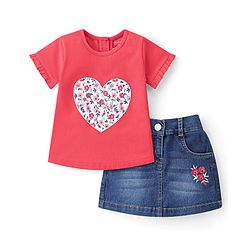Babyhug 100% Cotton Knit Half Sleeves Top & Skirt With Floral Embroidery - Red & Blue