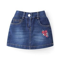Babyhug 100% Cotton Knit Half Sleeves Top & Skirt With Floral Embroidery - Red & Blue