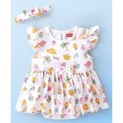 Babyhug 100% Cotton Knit Single Jersey Frill Sleeves Onesie with Headband Beach Theme Print - White