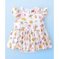 Babyhug 100% Cotton Knit Single Jersey Frill Sleeves Onesie with Headband Beach Theme Print - White