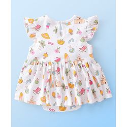 Babyhug 100% Cotton Knit Single Jersey Frill Sleeves Onesie with Headband Beach Theme Print - White