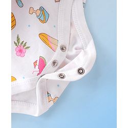 Babyhug 100% Cotton Knit Single Jersey Frill Sleeves Onesie with Headband Beach Theme Print - White