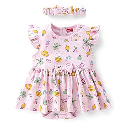Babyhug 100% Cotton Single Jersey Knit Frill Sleeves Frock Style Onesie with Hairband Beach Theme - Pink