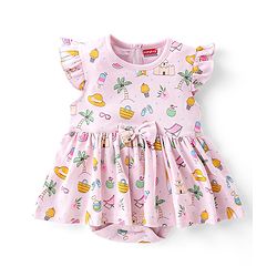 Babyhug 100% Cotton Single Jersey Knit Frill Sleeves Frock Style Onesie with Hairband Beach Theme - Pink