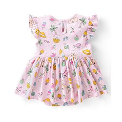Babyhug 100% Cotton Single Jersey Knit Frill Sleeves Frock Style Onesie with Hairband Beach Theme - Pink