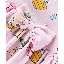 Babyhug 100% Cotton Single Jersey Knit Frill Sleeves Frock Style Onesie with Hairband Beach Theme - Pink